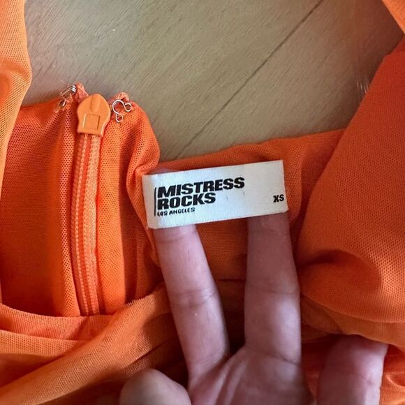Mistress Rocks 'OVER IT' Orange Gathered Mesh Halter Neck Mini Dress - Picture 2 of 7